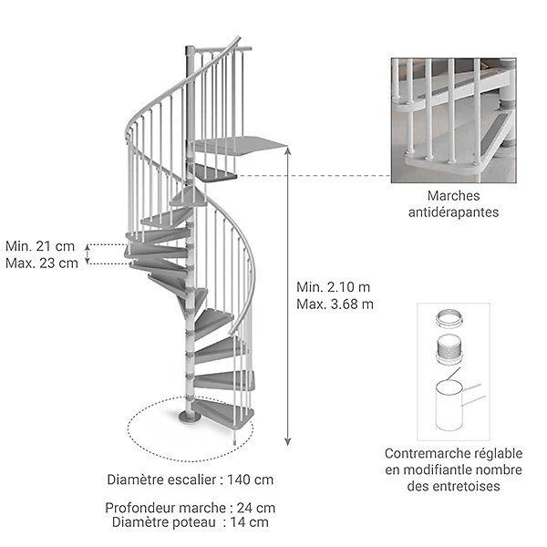 Escalier colimaçon métal 16 marches - Hauteur à franchir 3.36 à 3.68m - Diamètre 140cm - Blanc - GAMIA140/BB-16