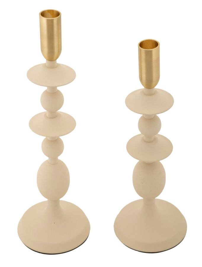 Set van 2 crèmekleurige en gouden metalen kaarsenhouders