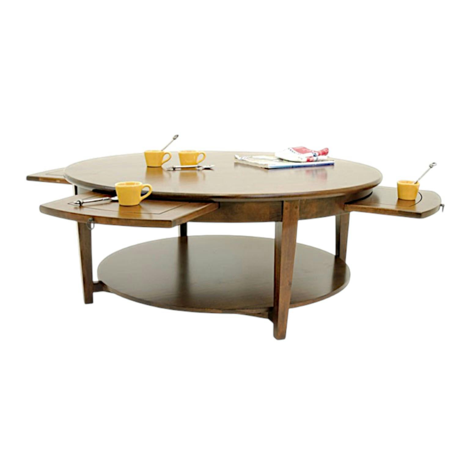Table basse ronde Hévéa double plateaux, avec 4 tiroirs coulissants D110xH45cm MAORI