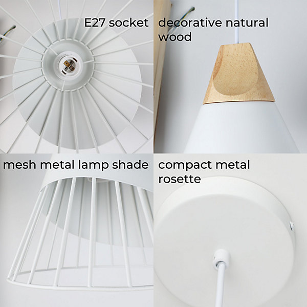 Lustre de Plafond Forme Bdminton : Métal Blanc et Bois de Style Nordique, pour Salle à Manger, Salon, Bureau, Restaurant