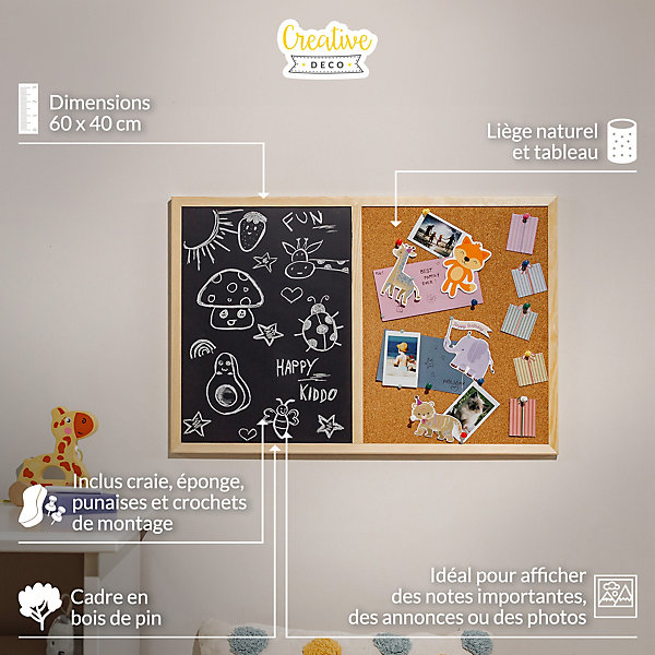 Creative Home 60 x 40 cm Tableau Liege Mural et Tableau Craie Noir Ardoise Murale - Inclus éponge, Craie et Punaises