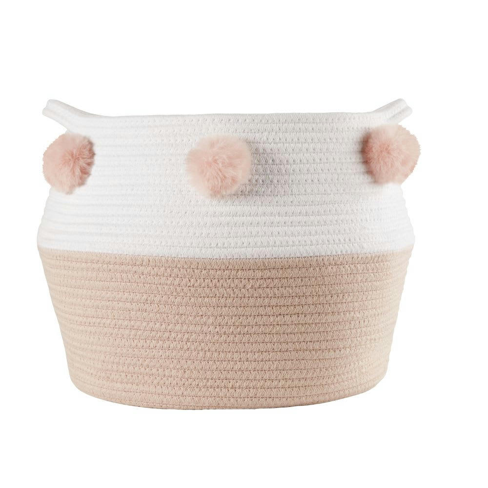 LILA - Panier tressé rose et blanc à pompons