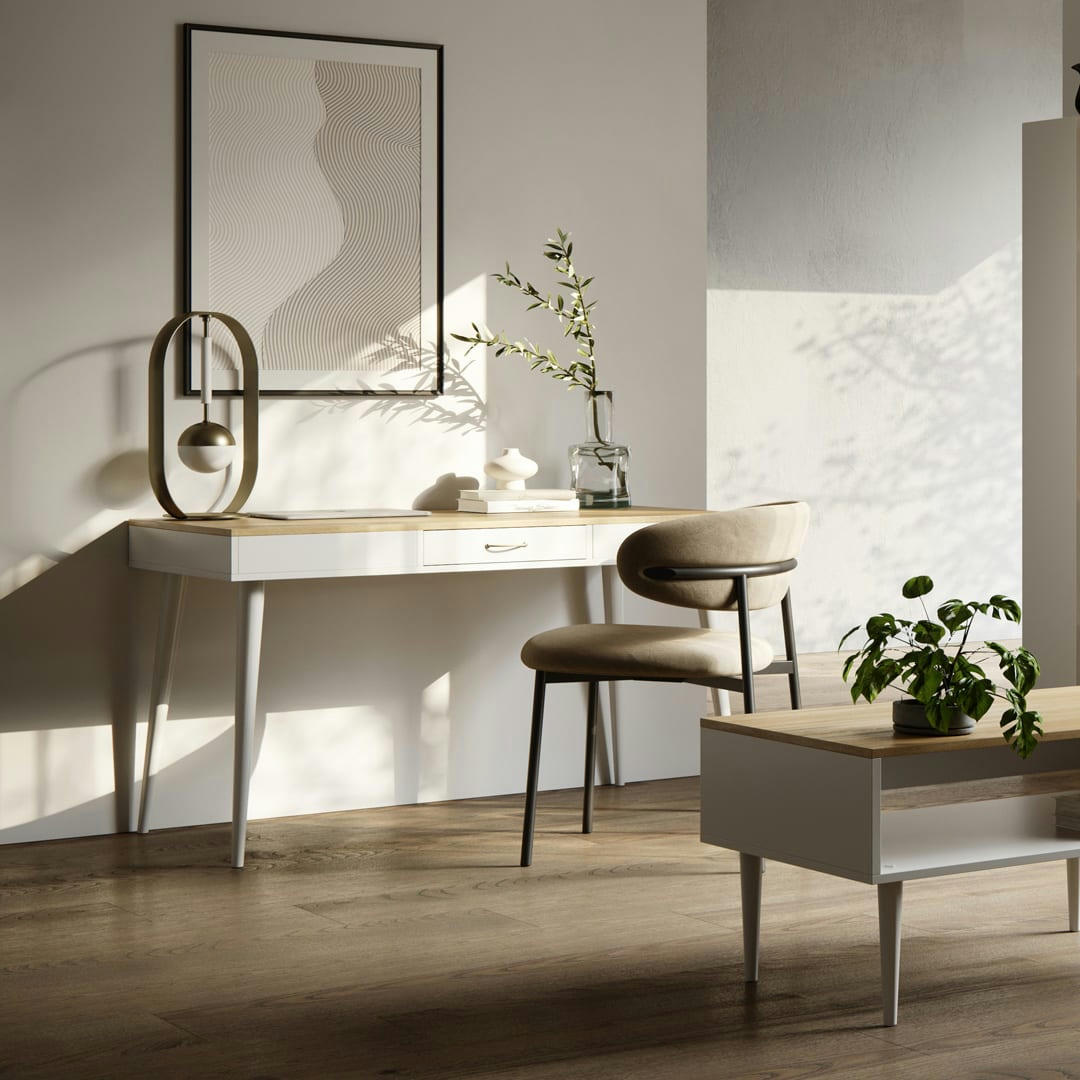 HORIZON - Bureau effet bois blanc et chêne naturel