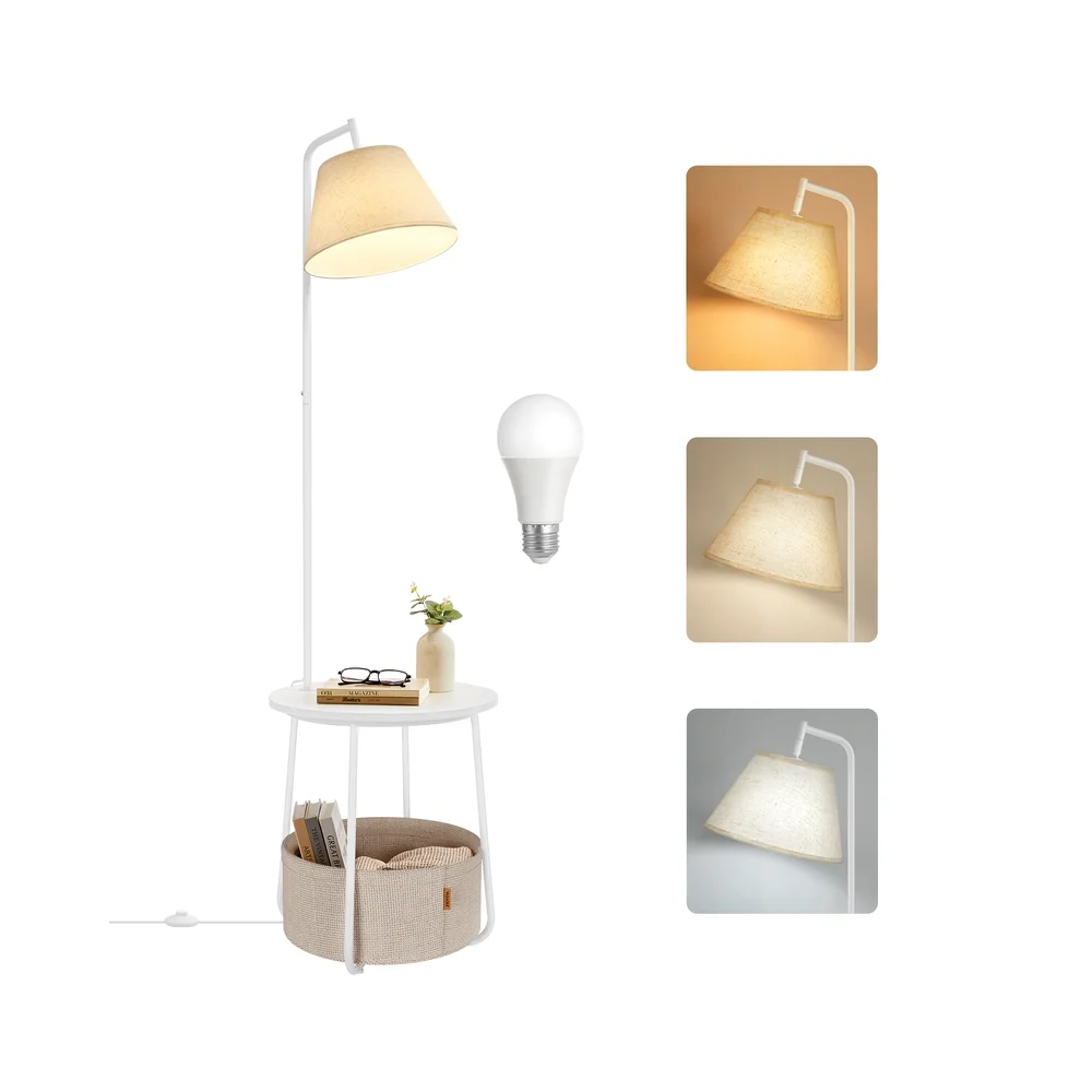Lampadaire avec table d’appoint et panier en tissu
