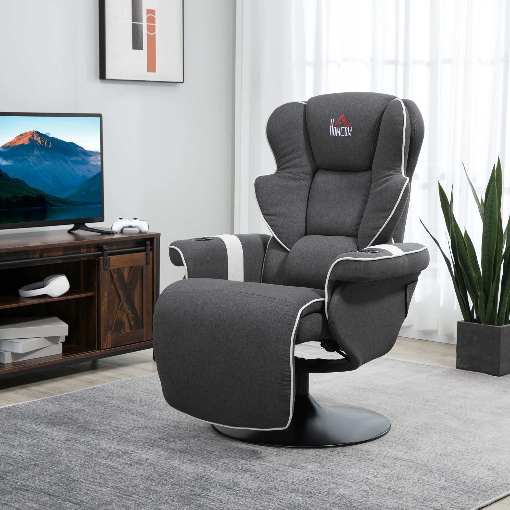 Swivel Recliner Chair with Linen Upholstery, Manual Lounge Armchair with Footrest & Dual Cup Holders for Living Room