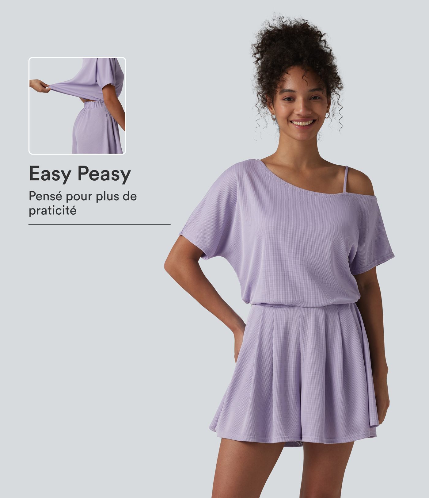 Combishort casual asymétrique manches courtes plissé en nid d'abeille avec poches - Édition Easy Peasy
