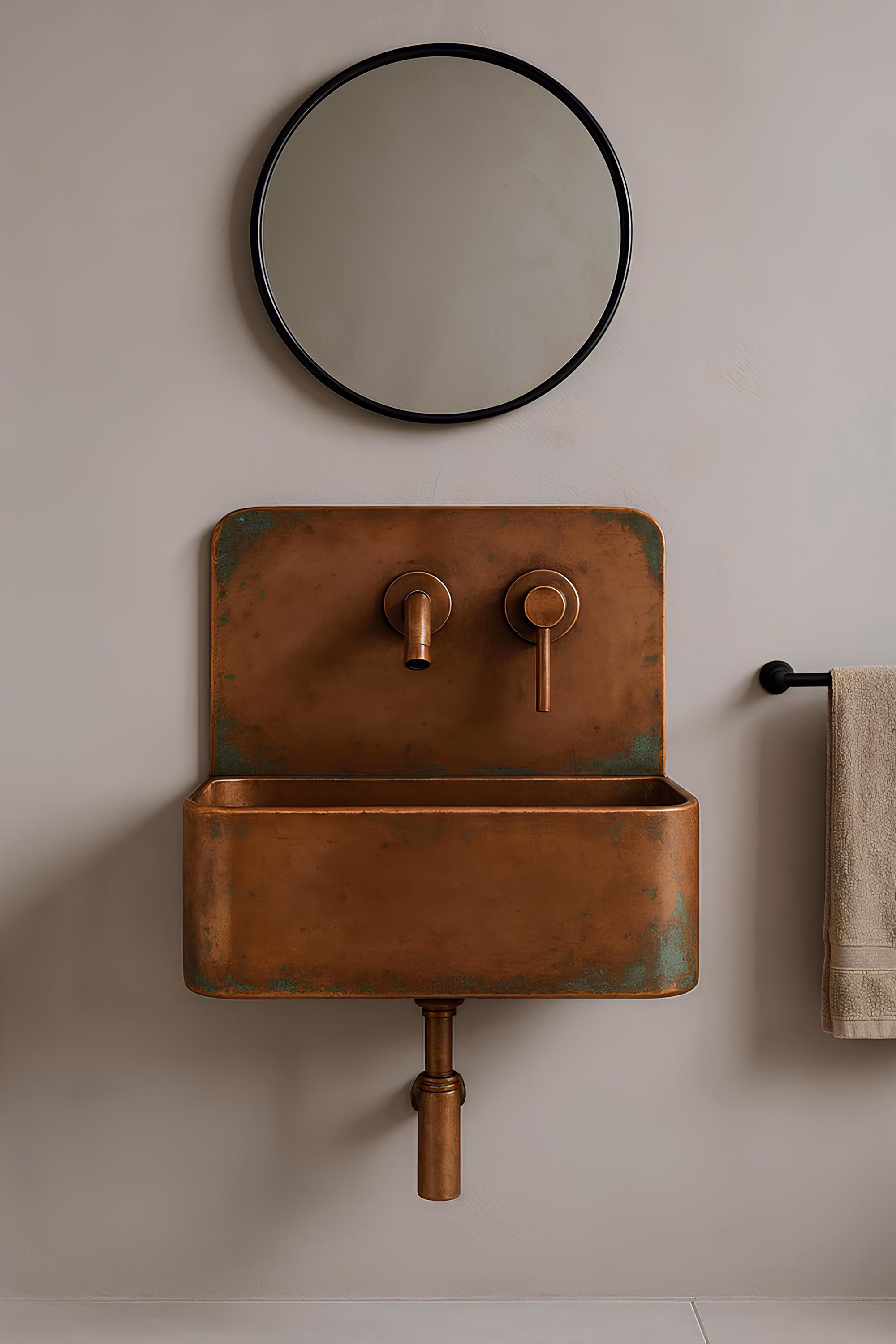 Rustic Patina Copper Bathroom Sink Wall Mounted, Industrial Vanity Basin with Faucet and P-Trap for Modern Farmhouse Decor