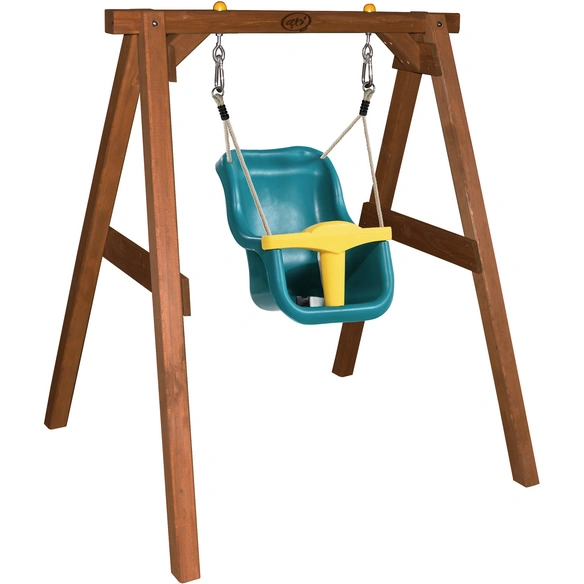 Babyschaukel Holz braun mit Sitz Türkis/gelb