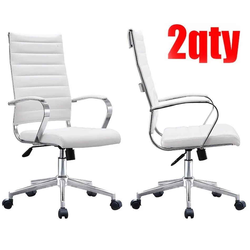 Set of Two (2) Modern White High Back Office Chair Ribbed PU Leather Swivel Tilt Computer Desk Cushion Seat Boss