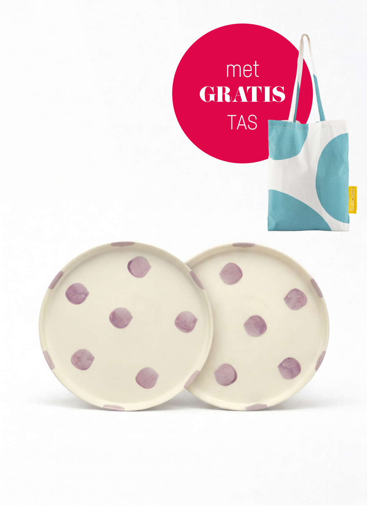 vtwonen - Lunchbord - Stippen - Lila - Set van 2 - Keramiek - 20cm