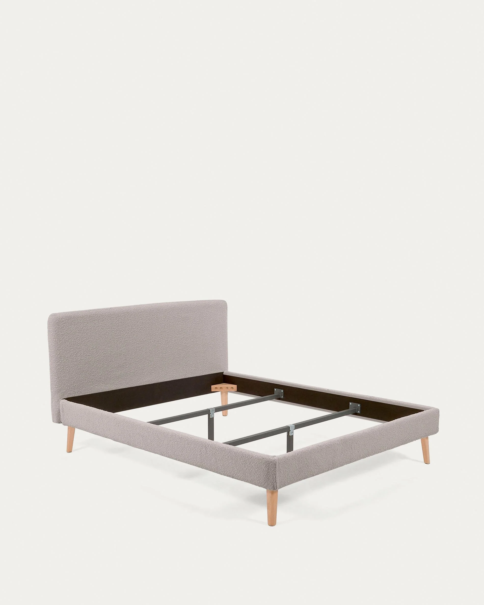 Dyla bed in light grey bouclé, with solid beech wood legs for a 160 x 200 cm mattress