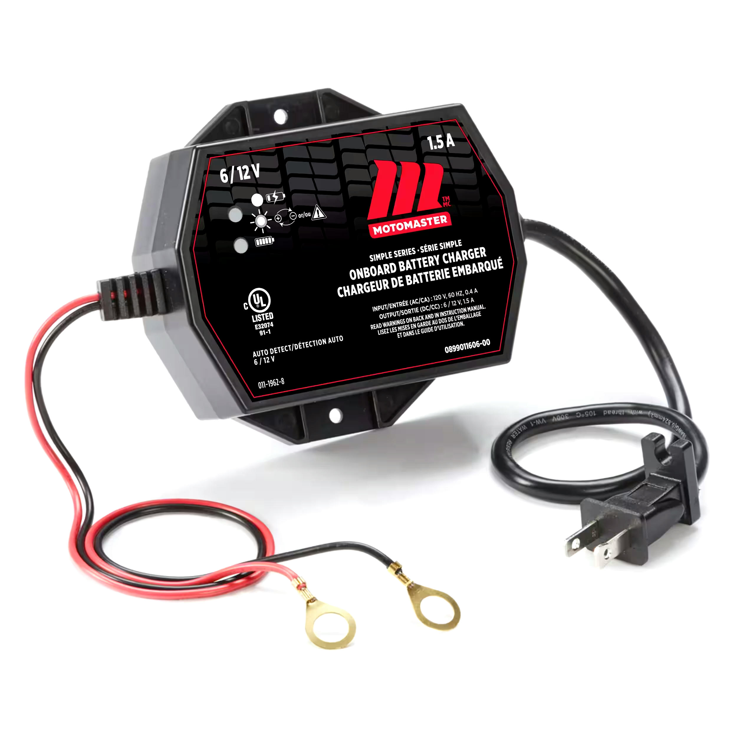 MotoMaster Simple Series Onboard Smart Battery Charger/Maintainer, Fully Automatic, 1.5-Amp, 6V/12V
