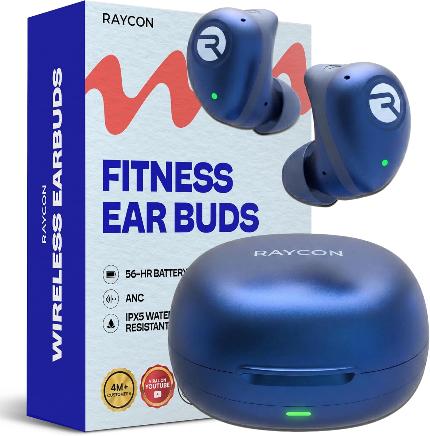 Raycon Fitness Bluetooth Wireless Earbuds + Microphone with Active Noise Canceling, Sweat & Water-Resistant Earphones, Running Headphones, Ear Buds Wireless Bluetooth 56 Hours Playtime (Blue)