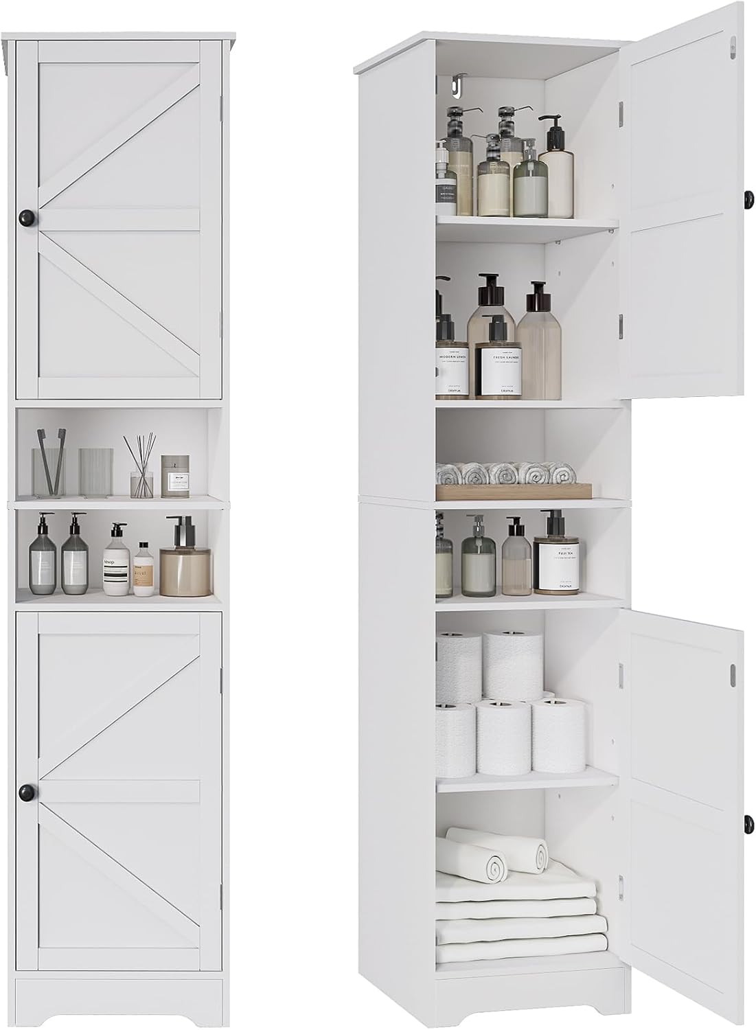 Viaozutis Tall Bathroom Storage Cabinet, Vertical Freestanding Organizer with Adjustable Shelf, Slim Design for Small Bathrooms, Towels & Toiletries Storage（White）
