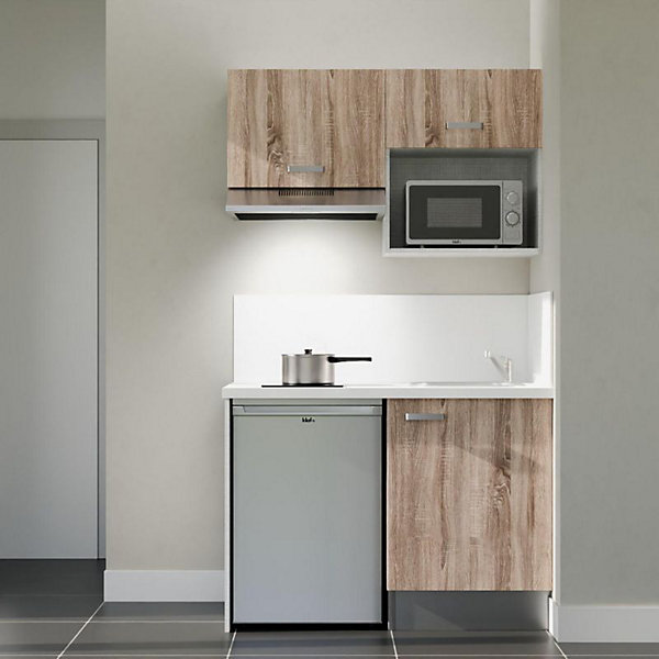 Kitchenette K02 façades Bois - Plan de travail Blanc - Crédences : Oui - Evier inox - Electroménager Inox inclus