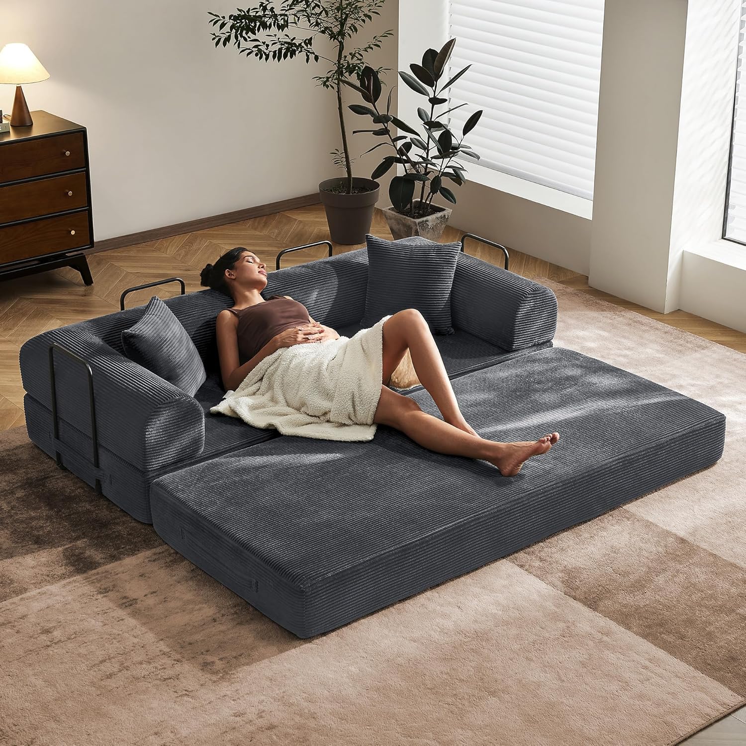 SAVENICA 79 Floor Sofa Bed, 5-in-1 Convertible Sleeper Sofa with Removable Armrests, Corduroy Fabric Sofa Couch, No Assembly Required for Living Room, Dorm, Studio (Dark Gray)