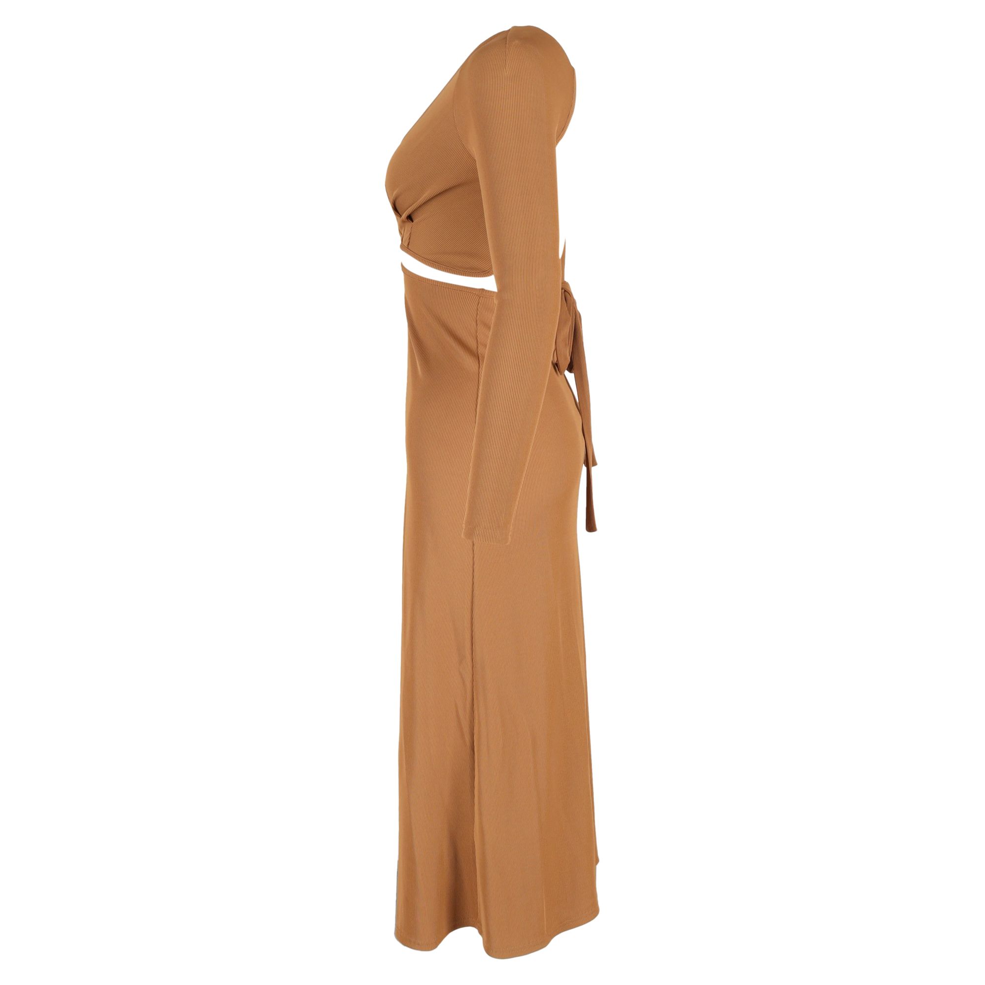 Christopher Esber Preloved Midi Cutout Ribbed Long Sleeve Dress in Brown Polyester