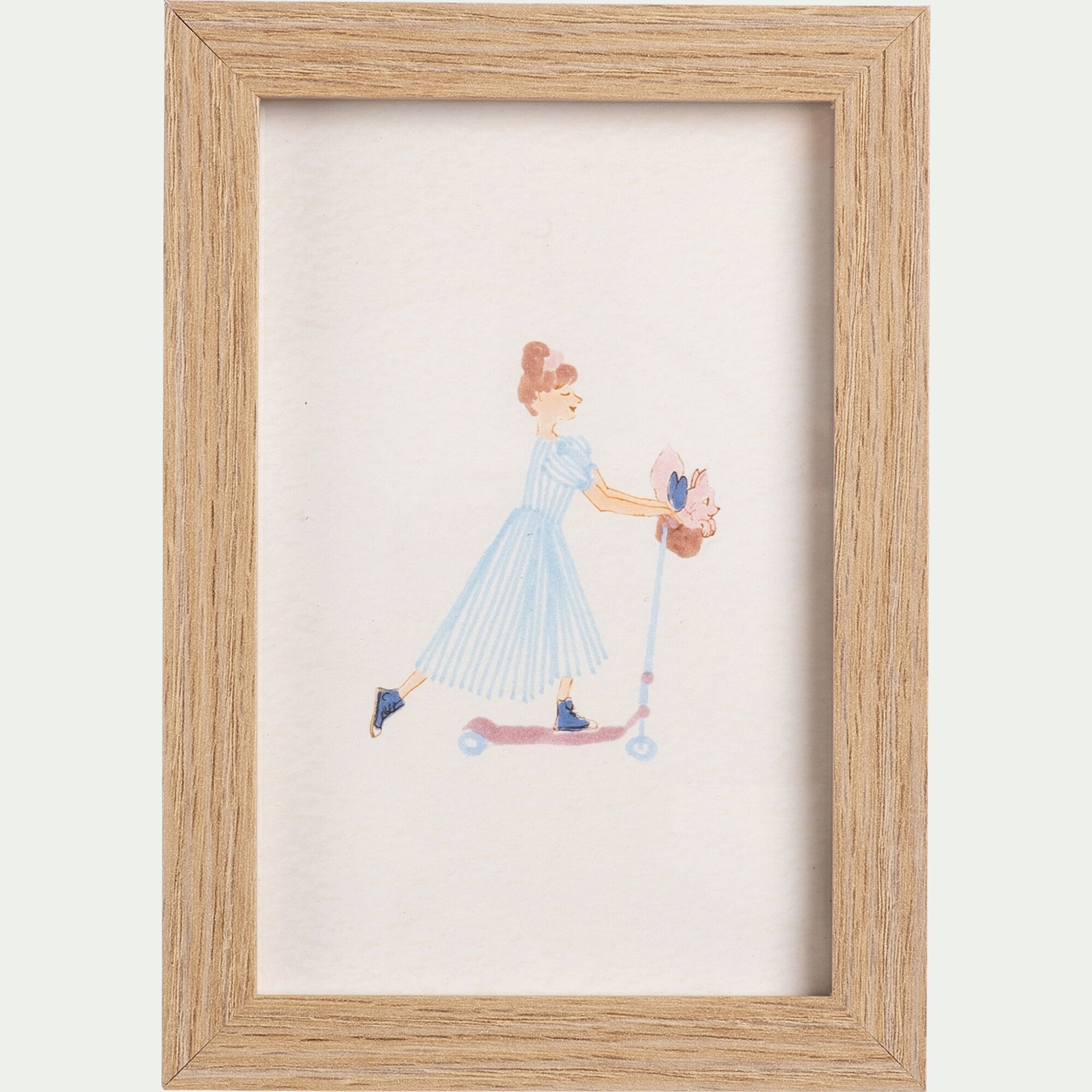 SARAH - Illustration encadrée motif Sarah en robe bleue 12x17cm - bois clair