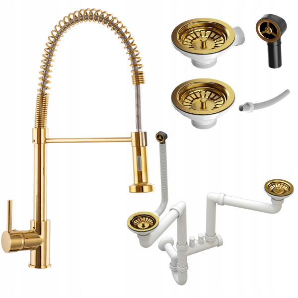 Złota bateria kuchenna Spiral   syfon manual złoty