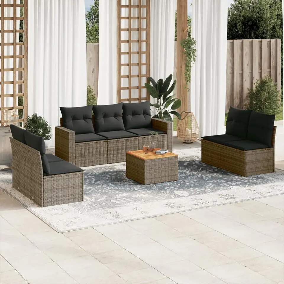 vidaXL Loungeset met kussens & hout salontafel - Grijs - Poly rattan - 8 stuks