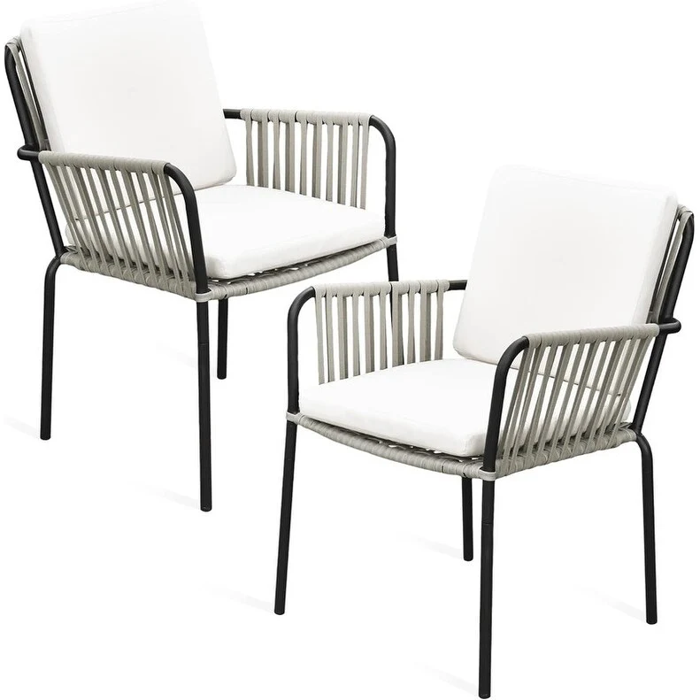 Moasis Outdoor Dining Chairs (Set of 2) All-Weather Rope & Rattan Woven Chairs with Cushion