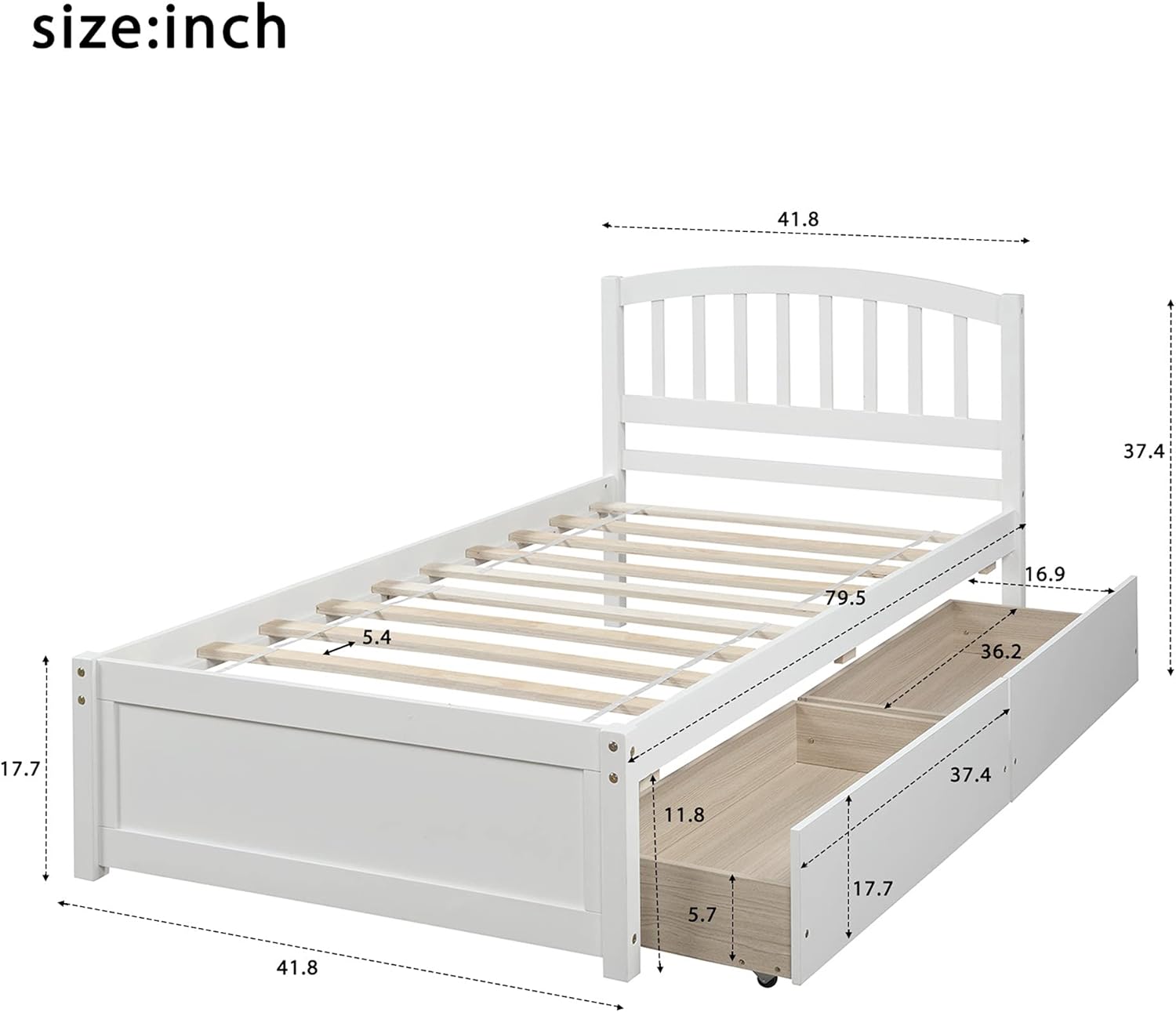 Solid Wood Platform Bed Twin Size with 2 Storage Drawers for Kids,Twin Size Low Platform Bed Frame with Curved Headboard,Footboard and Under Bed Space for Boys Girls Bedroom,Easy Assembly,White