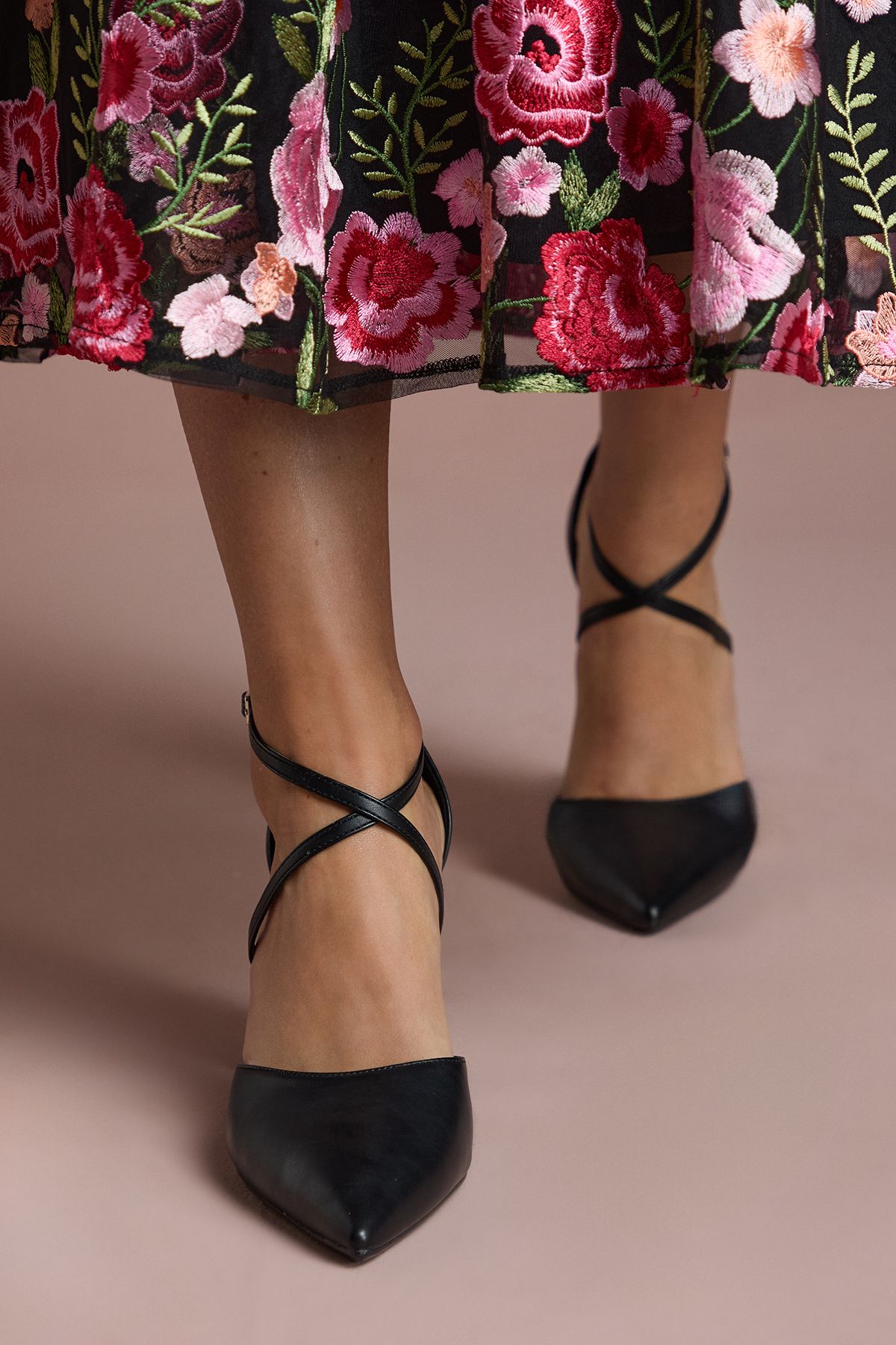 Coast Treat Faux Leather Cross Strap Pointed Block Heel Court Shoes