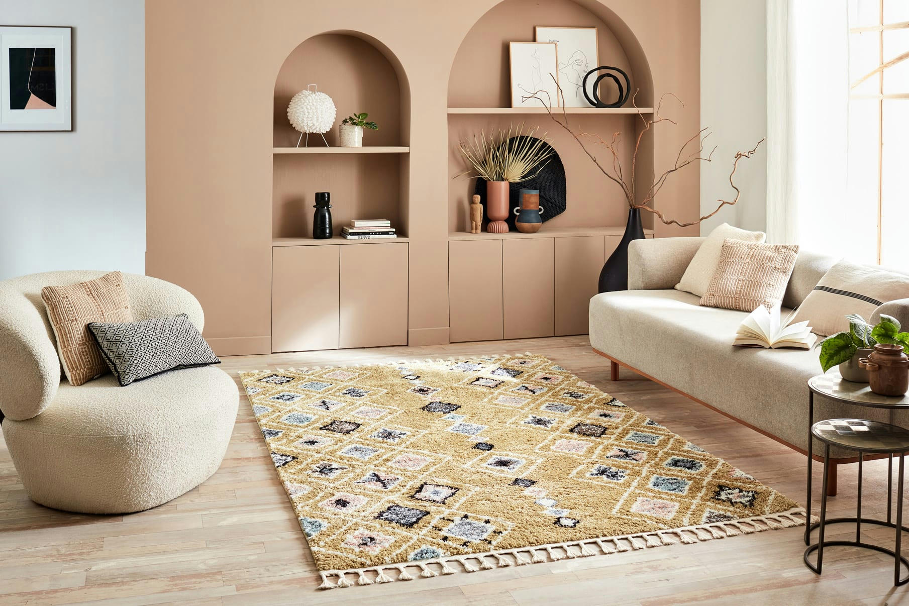 DELYA - Tapis salon berbere jaune 120x170 dessin ethnique