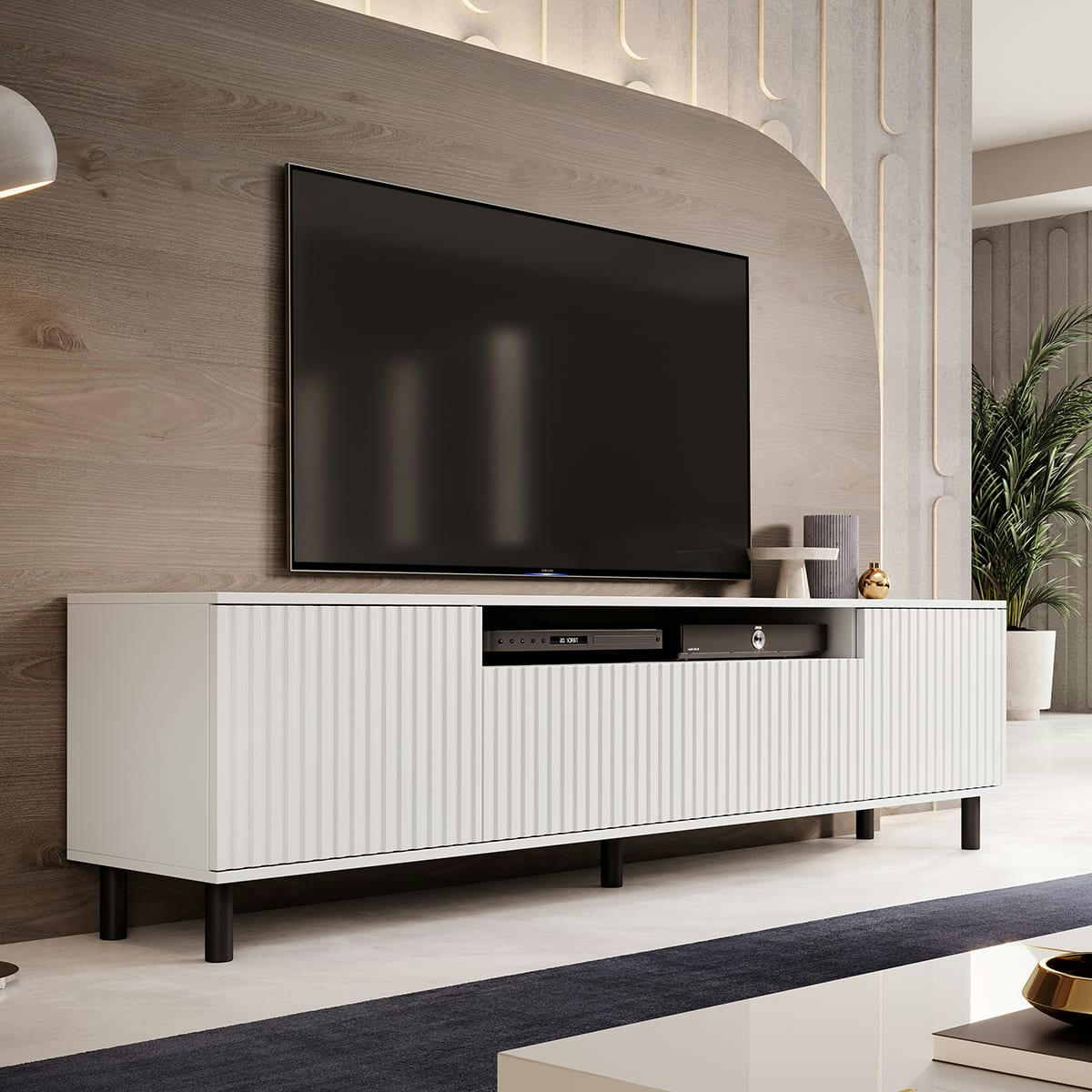 - Meuble TV 3 portes 200 cm stratifiés, métal blanc