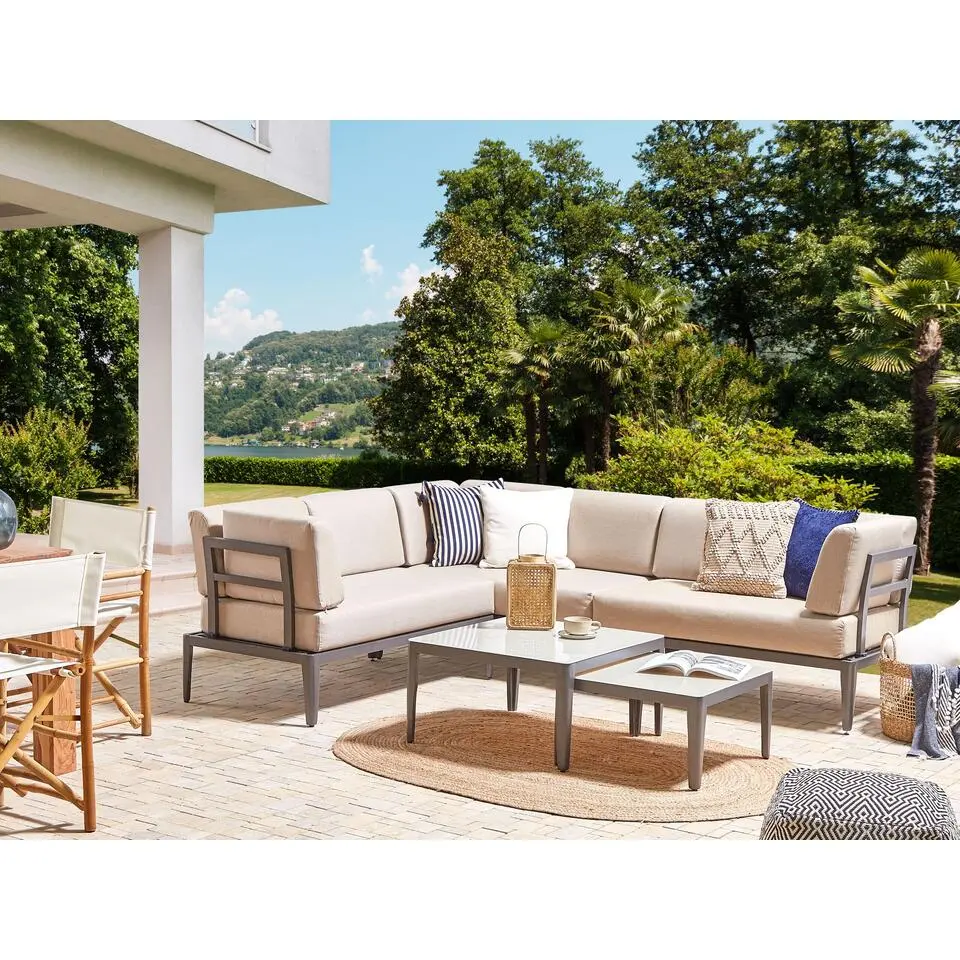 Beliani Loungeset RIMA III - Grijs aluminium - Beige kussenset