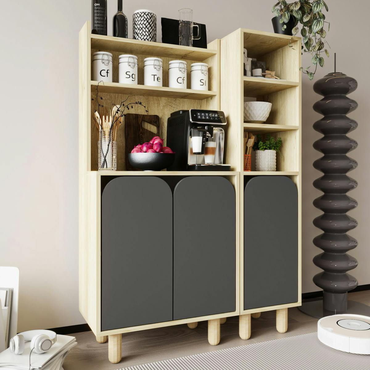 Vaisselier cuisine effet bois 3 portes anthracites VAREN