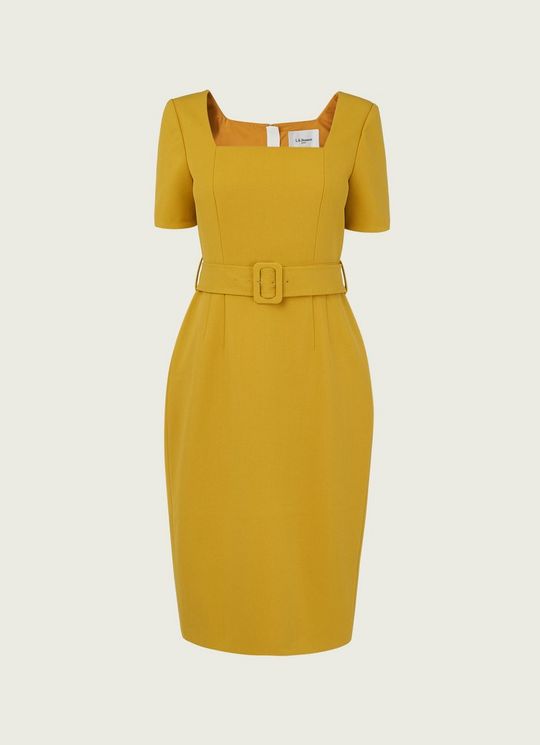 Leonora Yellow Crepe Belted Shift Dress