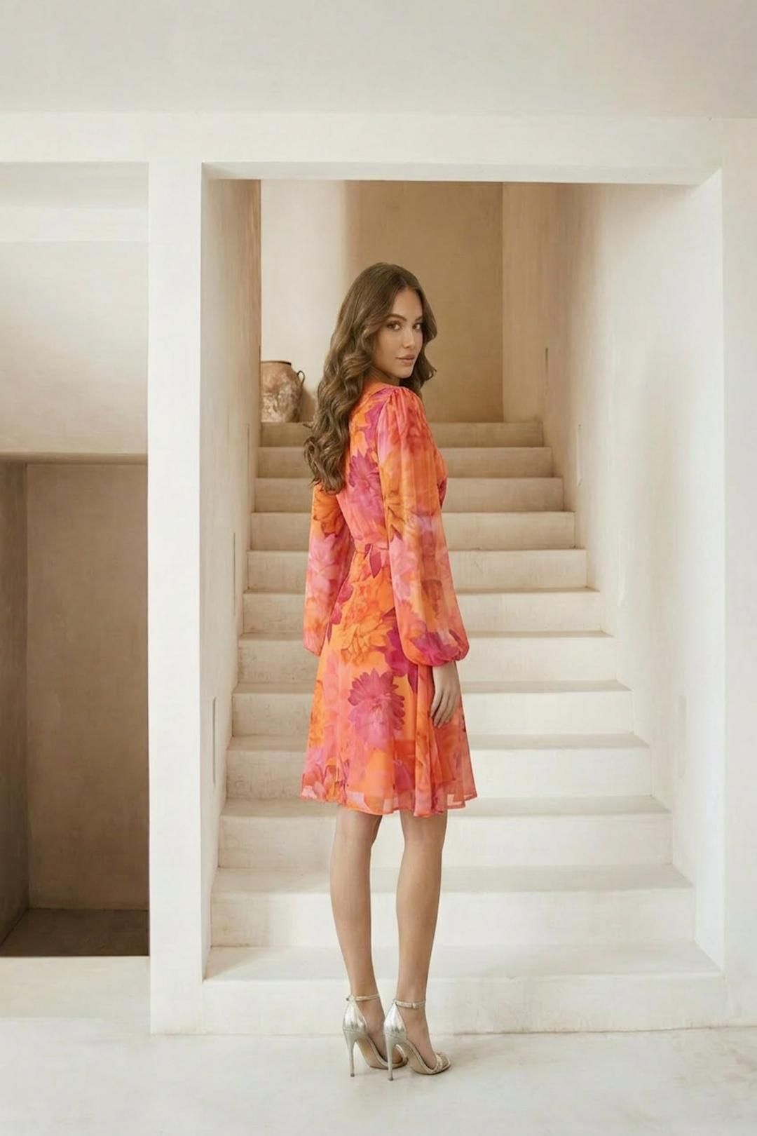 Chi Chi London Long Sleeve Floral Printed Mesh Mini Dress in Orange