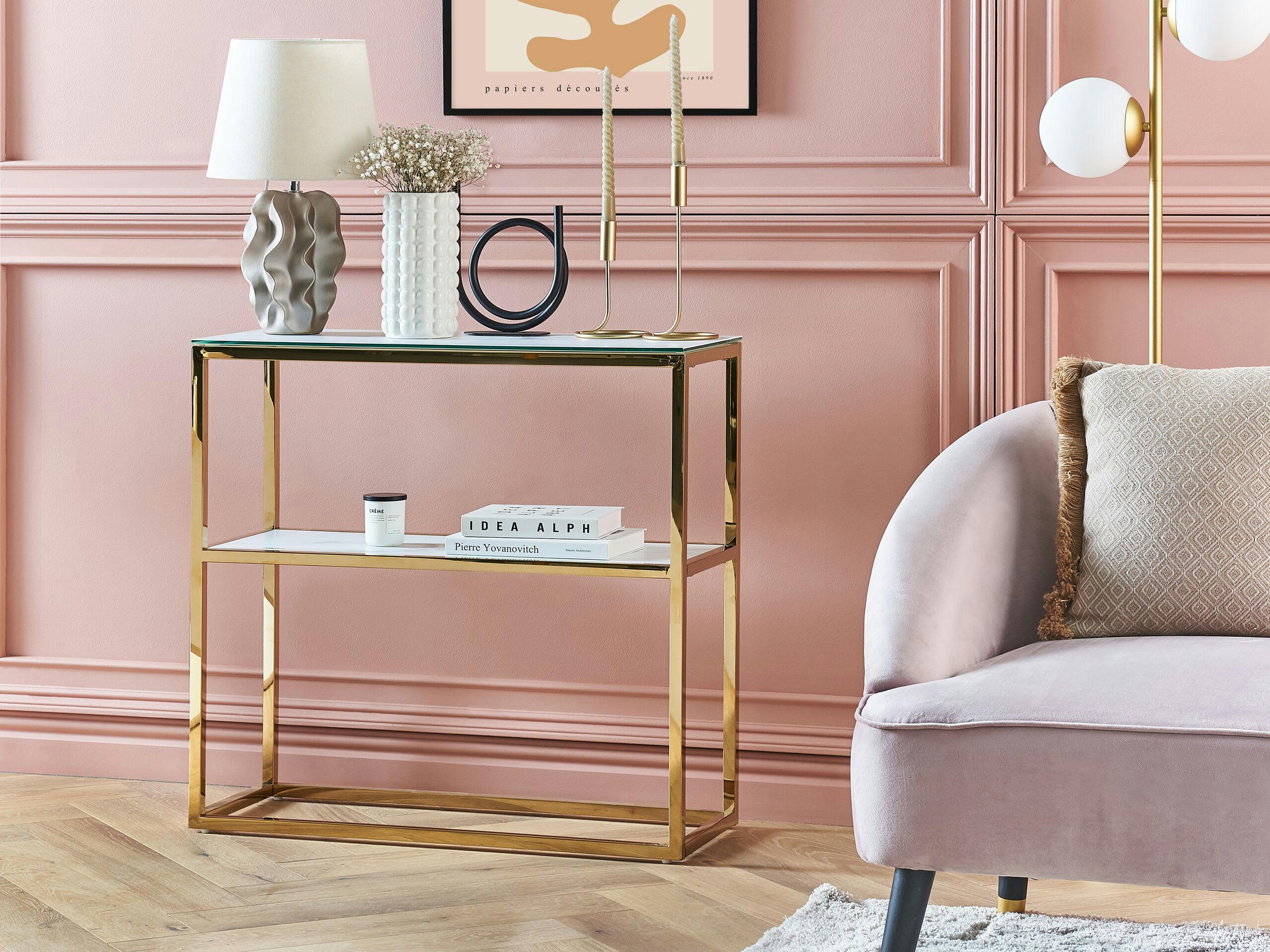 AZUSA - Console à plateau en verre effet marbre blanc dorée