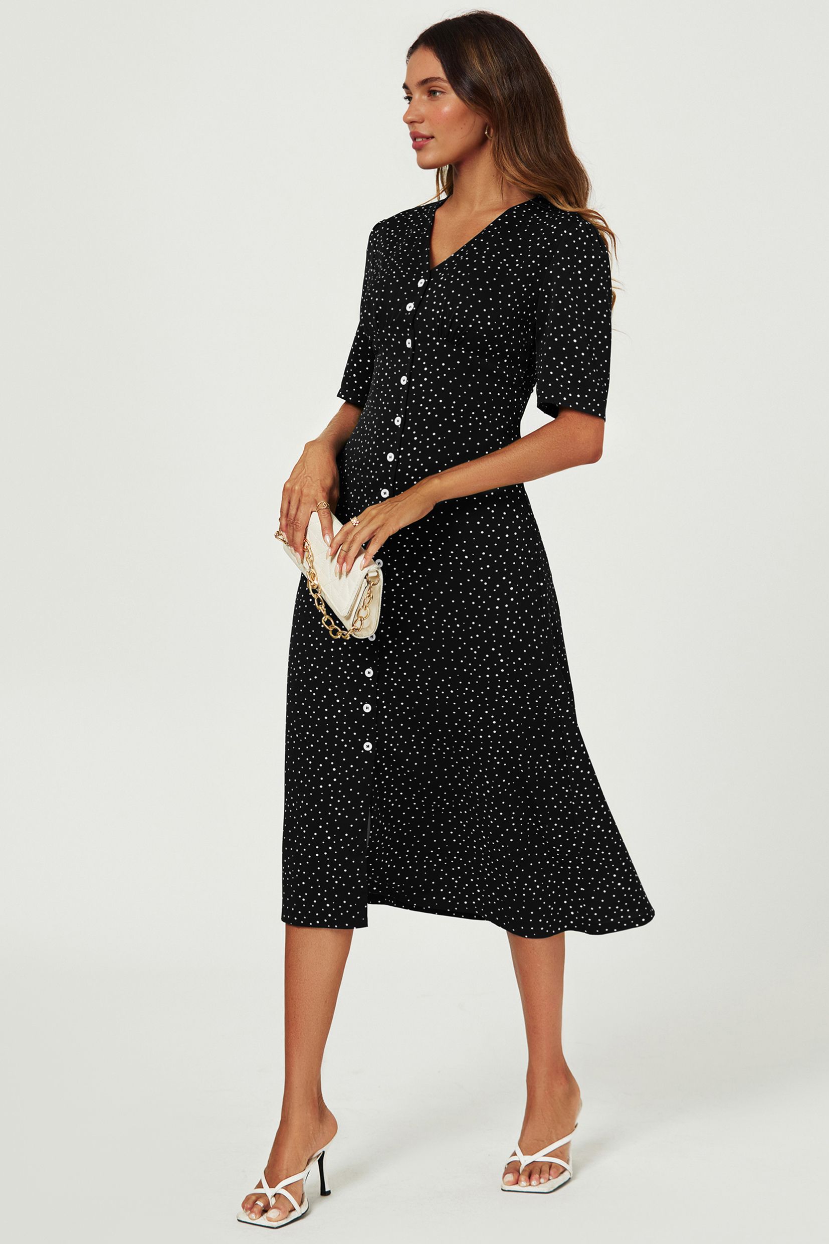 FS Collection Dot Print Button Front Midi Dress In Black