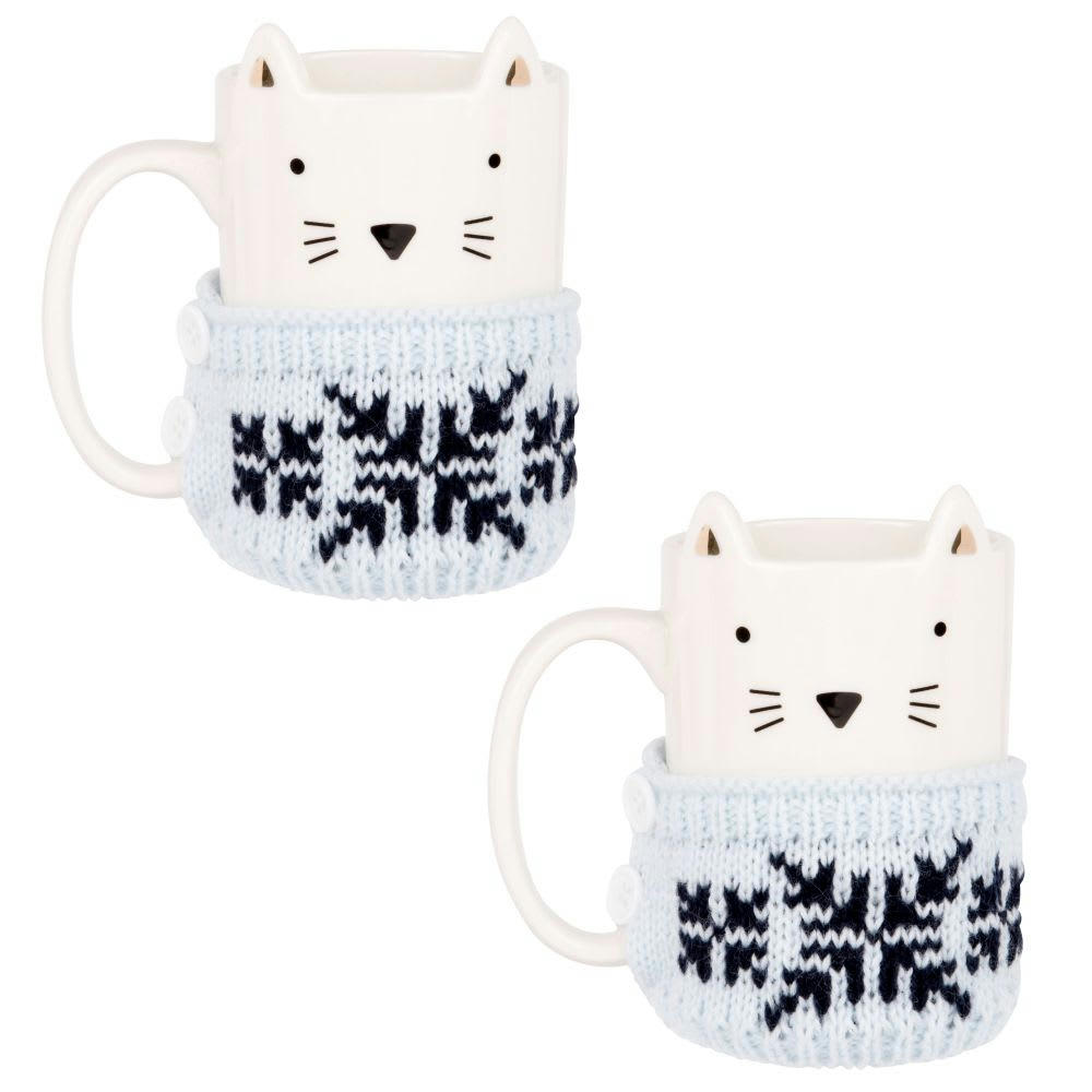 - Mug chat en faïence blanche pull en laine bleu gris