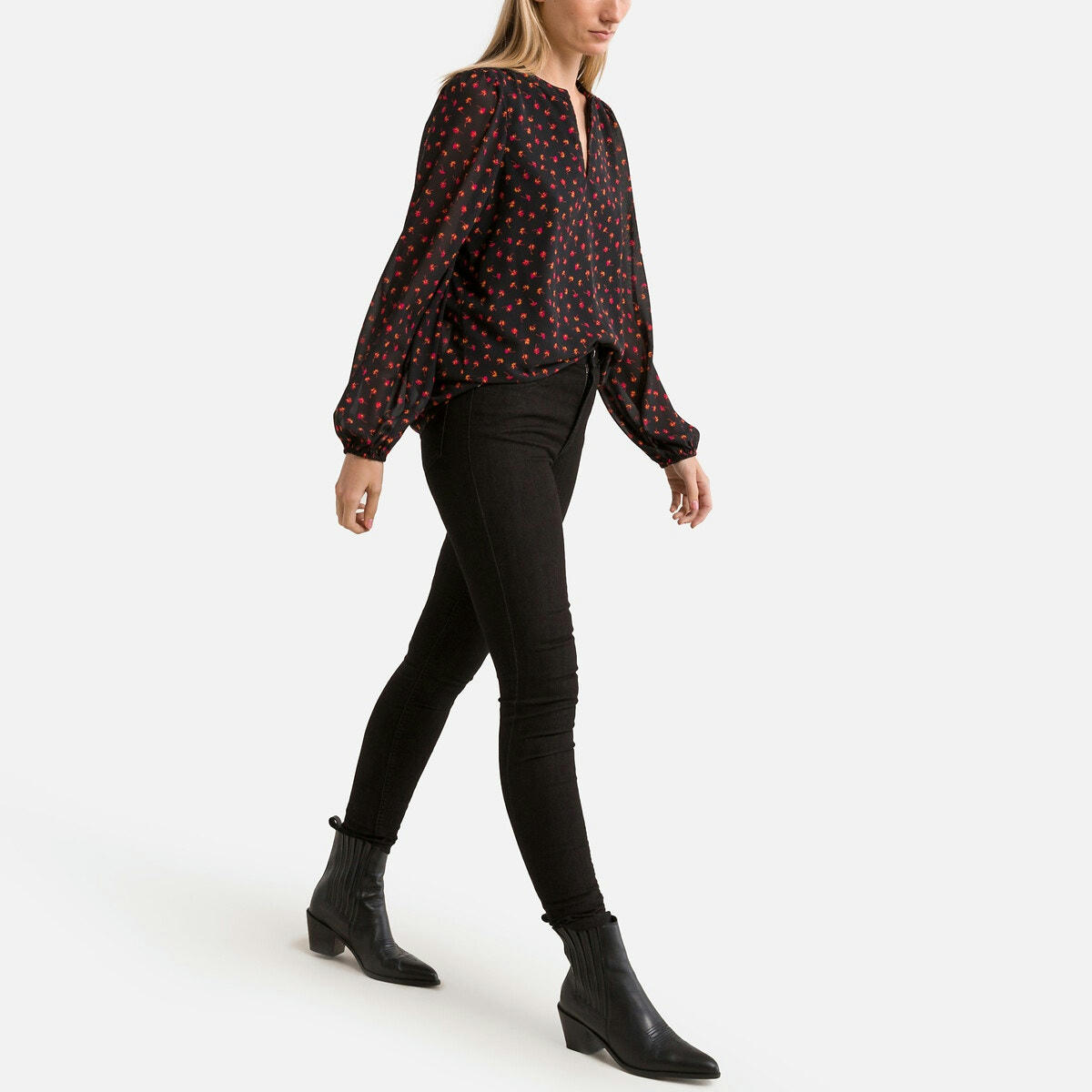 Blouse col v, manches longues, imprimé floral