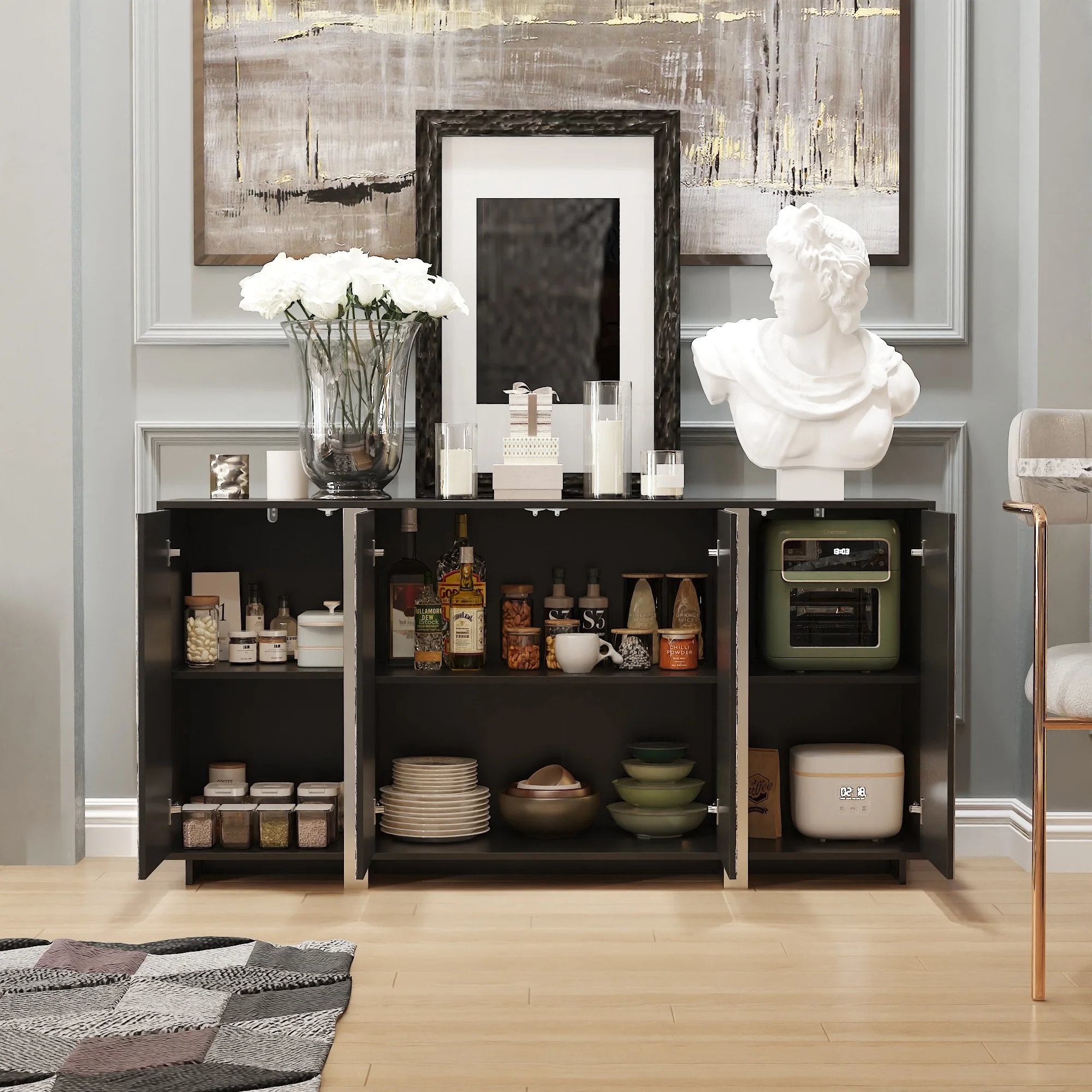 Stylish Storage Buffet: Ample Shelving and a Contemporary Design for Organized Dining Areas