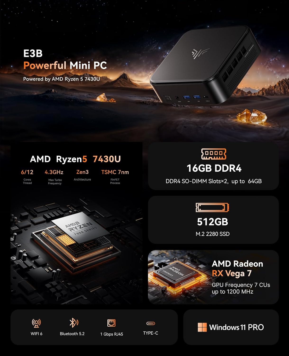 KAMRUI E3B Mini PC with AMD Ryzen 5 7430U (Beat 5500U  up to 4.3GHz)  16GB DDR4 512GB M.2 SSD Mini Computer  Mini Gaming PC with USB Type-C Supports Triple 4K Display  WiFi 6  BT 5.2