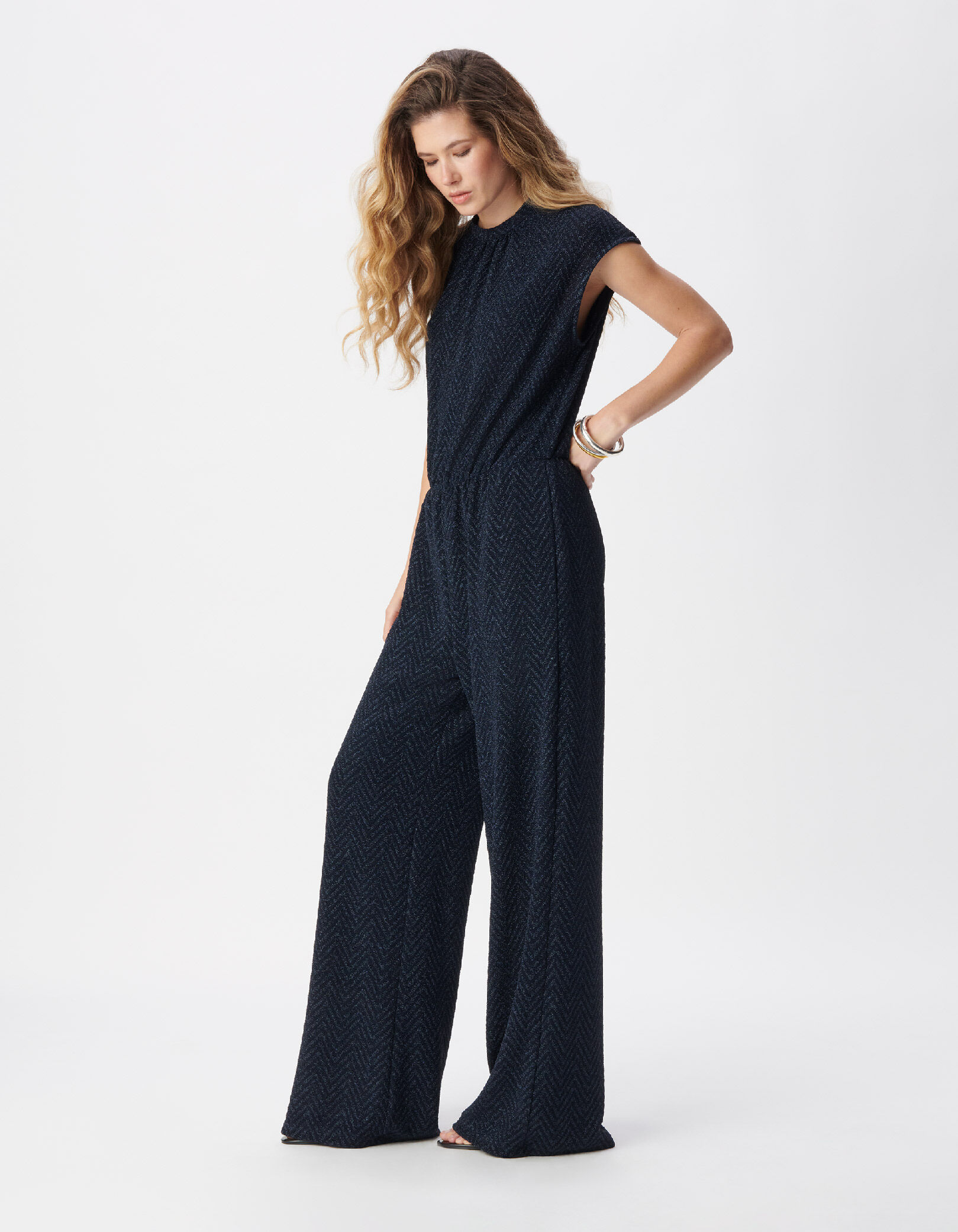 Combinaison-pantalon marine motif chevrons lurex Femme