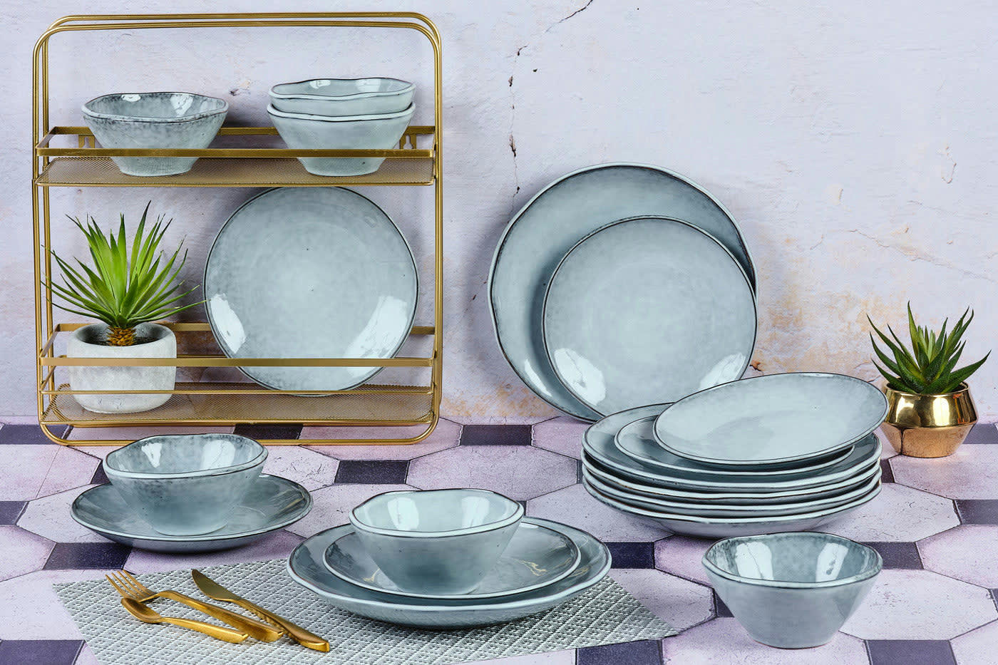 REACTIV - Set vaisselle 18 pièces en grès gris