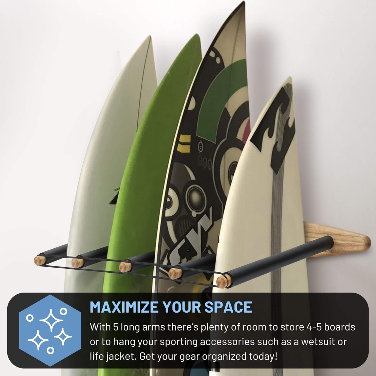 Hang 11 Vertical Surfboard Rack - Surf Racks for Wall, Sustainable Hardwood Surf Board Holder with Rubber Mat, Surfboard Wall Mount, Paddle Board & SUP Garage Storage (5 arms / 4-5 boards)