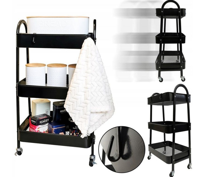 Wózek metalowy organizer mobilny 3 poziomy blokada kółek 79cm czarny