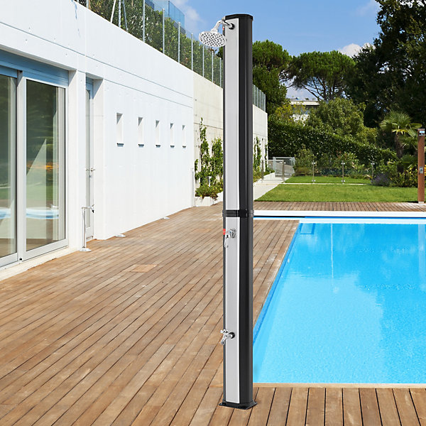 Douche solaire 35l, argent/noir, avec douchette à pied et pomme de douche pluie