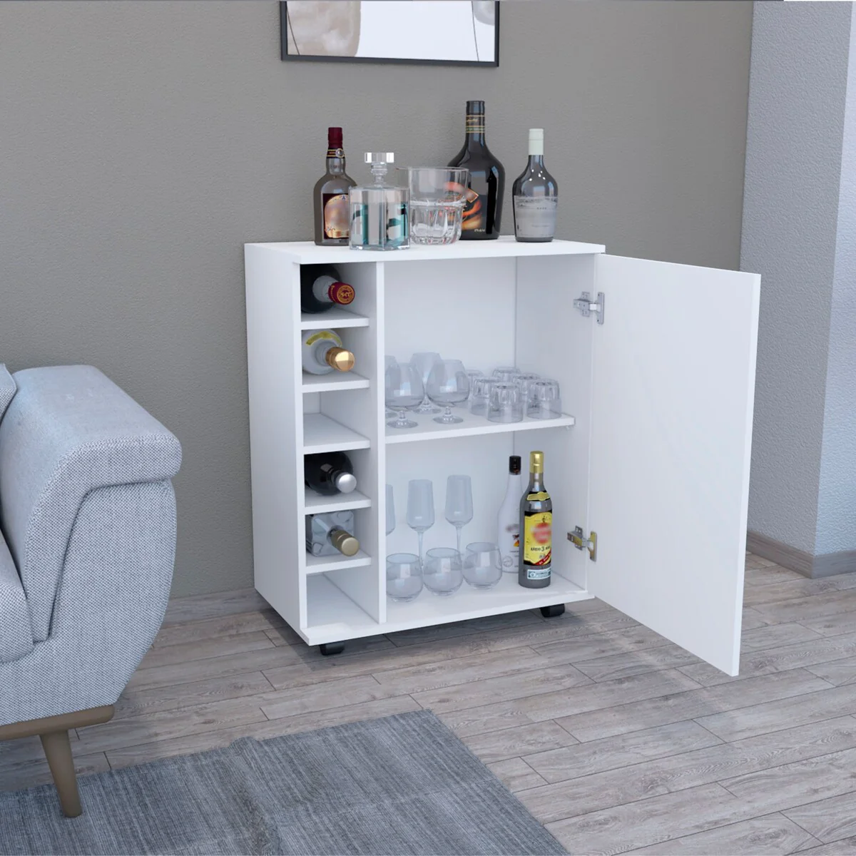 32 H white bar -coffee cart,living room cabinet storage with 4 wheels, with 6 bottle racks, a central shelf covered by 1 door