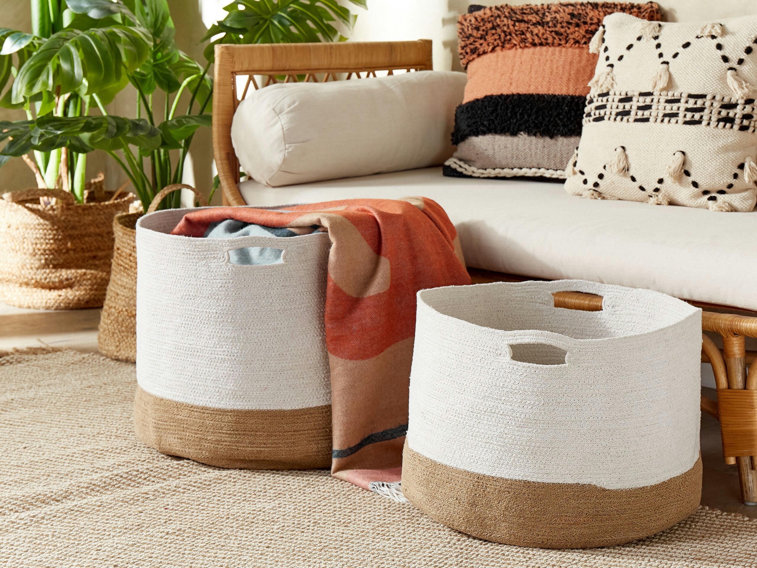 KAHAN - Lot de 2 paniers en coton blanc et beige