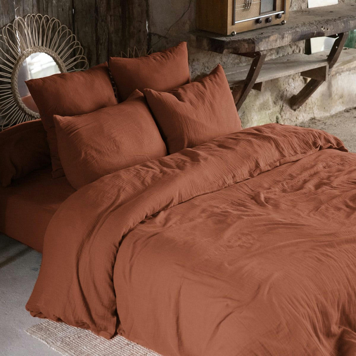 GAIA - Housse de couette unie 260x240 cm Gaze de coton terracotta