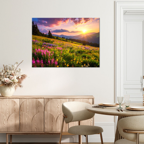 Obraz do salonu sypialni biura, Łąka kwiaty pejzaż górski natura 30x20