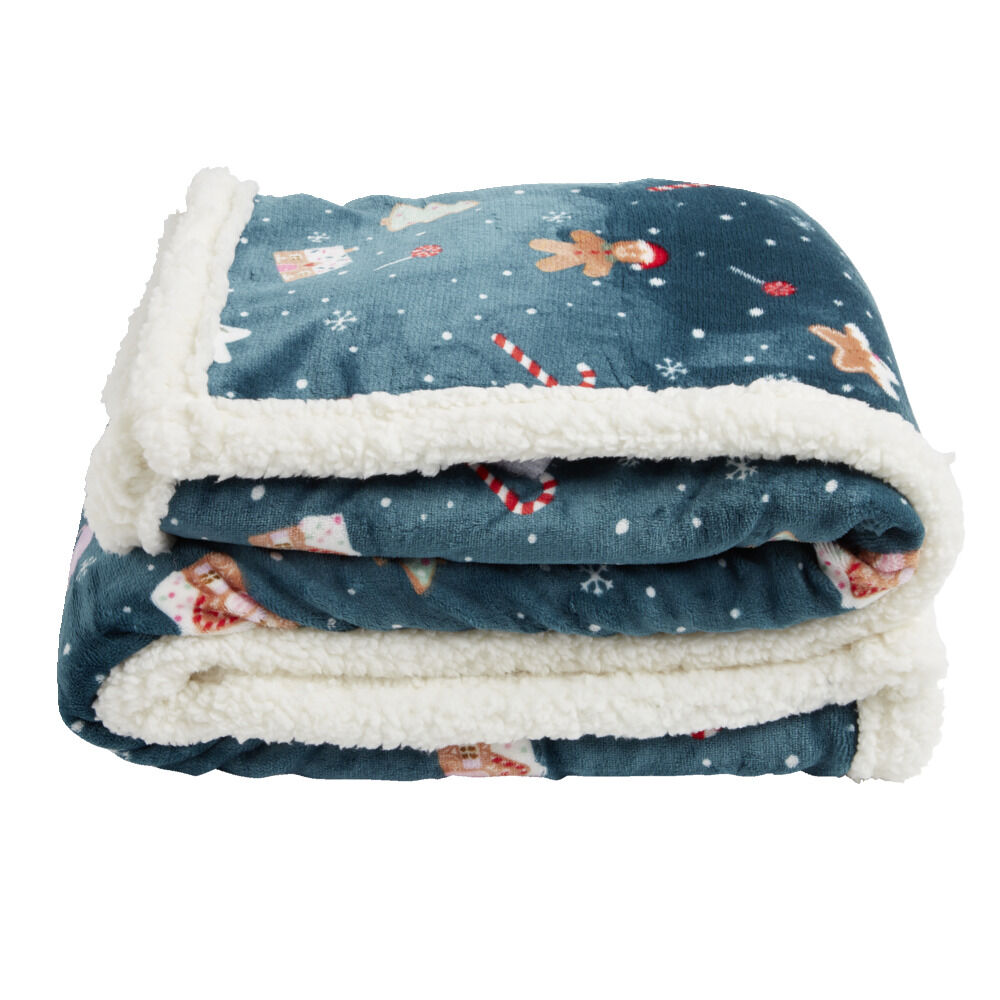 Plaid sherpa No&euml;l flanelle motifs sucre d'orge pain d'épices 120x150cm