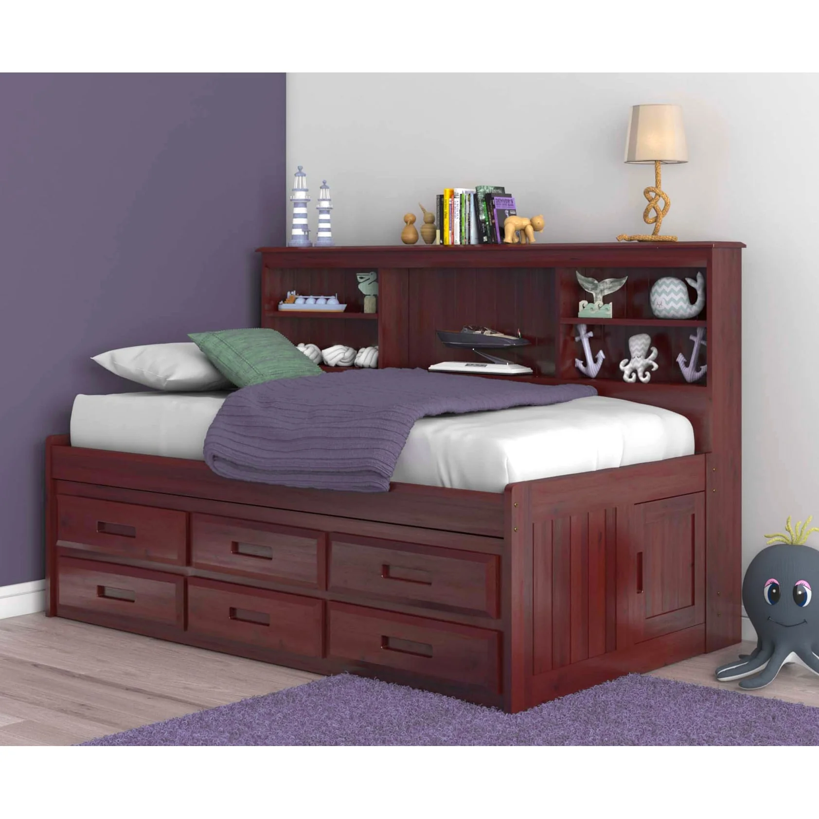 OS Home and Office Furniture Model , Solid Pine Twin Daybed with Six Drawers in Rich Merlot